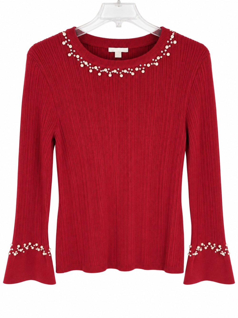 Red Ribbed Pearl Embellished Bell Sleeve Holiday Sweater 22/24W.